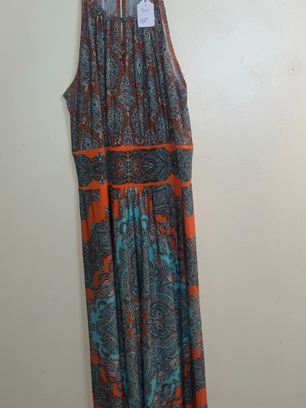 London Style Sleeveless Paisley Maxi Dress in Orange and Teal